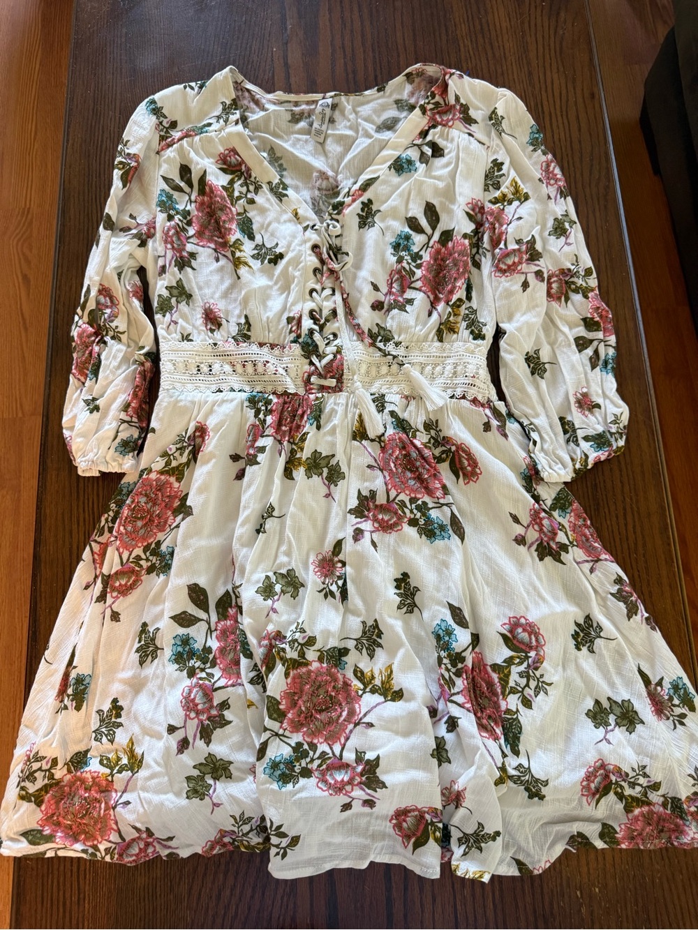 American Rag Ivory Floral Lace-Up Boho Dress with Pink Roses
